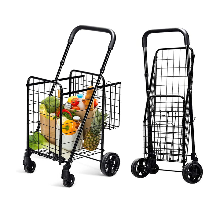 COSTWAY Klappbarer Einkaufstrolley, Einkaufswagen mit Universalrädern & Doppelkorb, 48L+10L, Tragbar