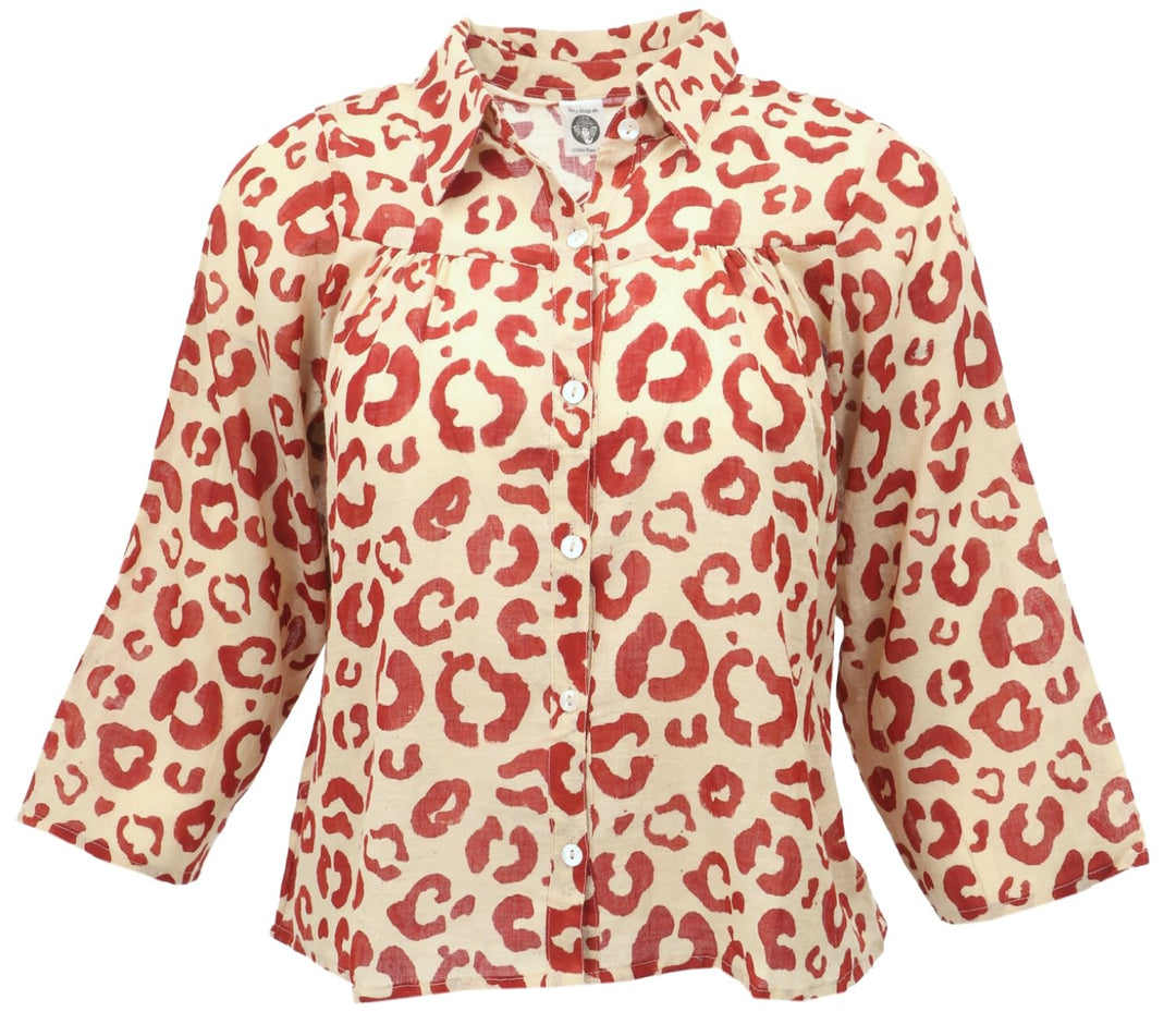 GURU SHOP Handbedruckte Bluse, Luftige Baumwollbluse, Damen, Baumwolle 36 Beige/ Rot, 36 Beige/ Rot