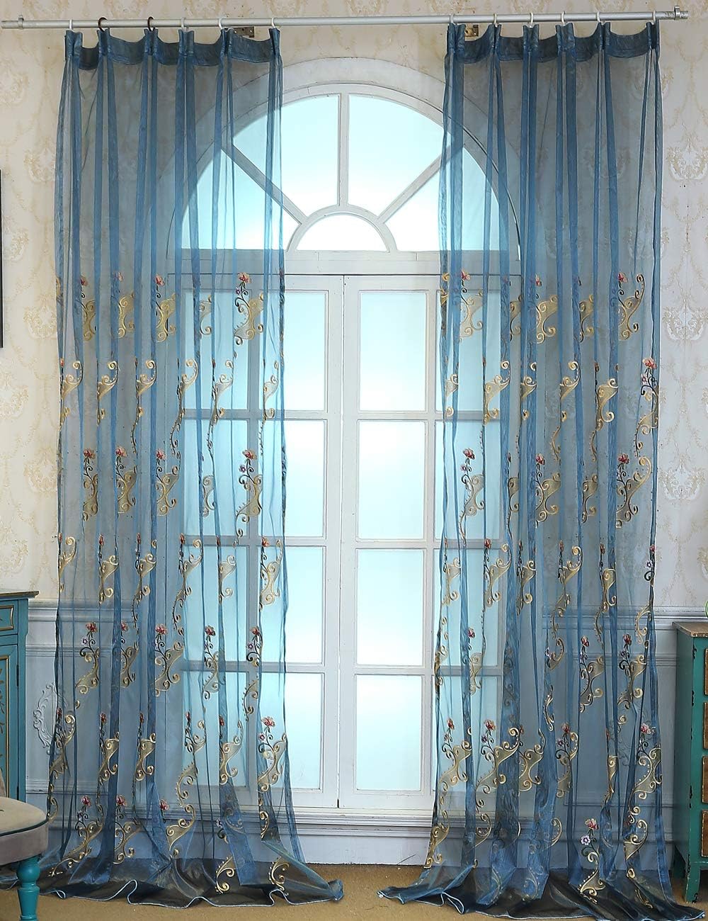 Lactraum Vorhänge Wohnzimmer Transparent Blau mit Ösen Bestickt Wasserfee Blumen Voile 300 x 245cm 3