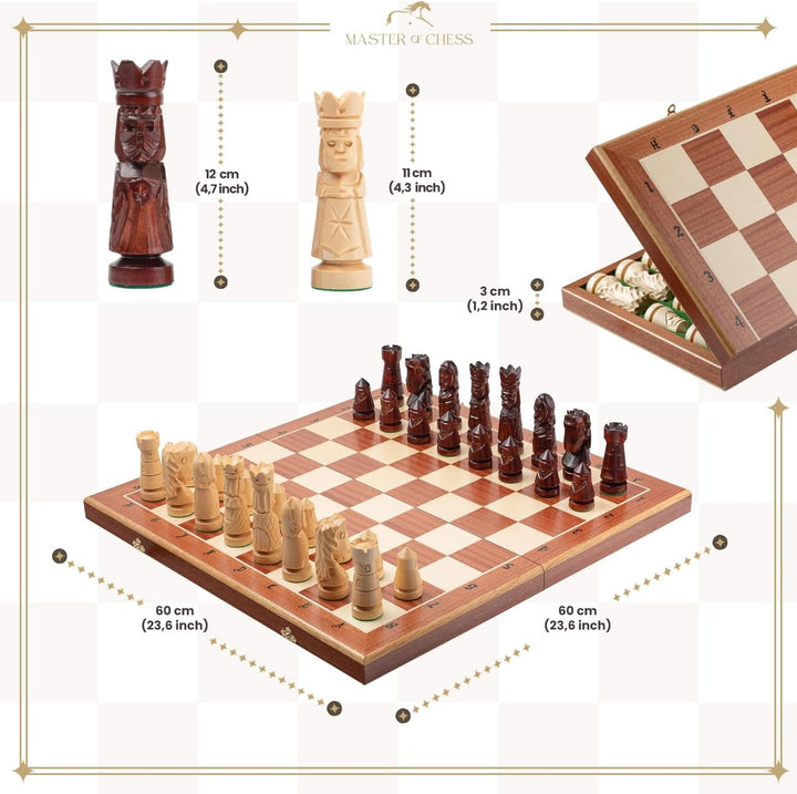 Master Of Chess Schachset Castle Deluxe XXL 60 x 60 cm aus Holz Jedes Schachstück handgeschnitzt !