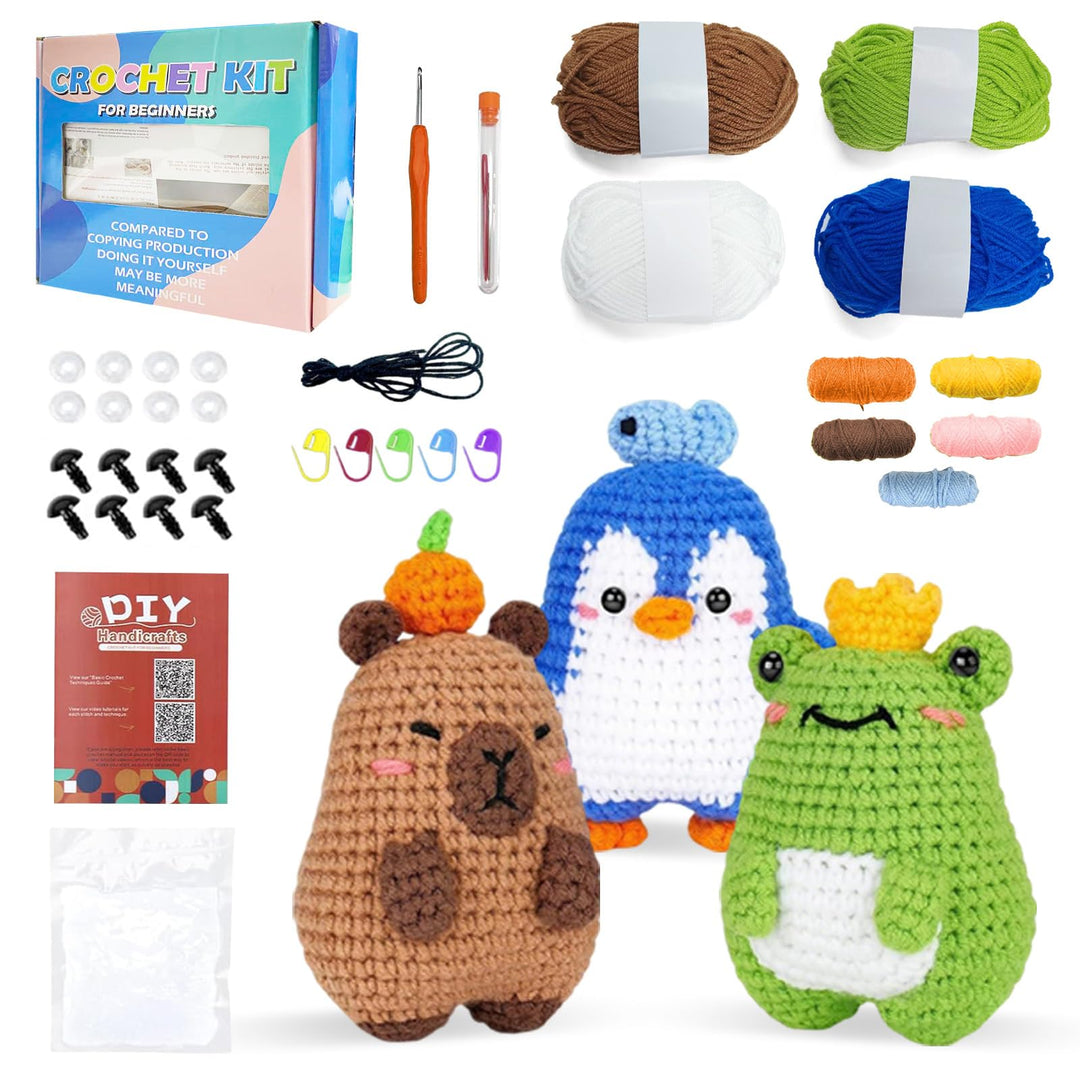YushengTai Häkelset für Anfänger Capybara, Frosch, Pinguin - Komplettset mit Garn, Häkelnadel & Vide