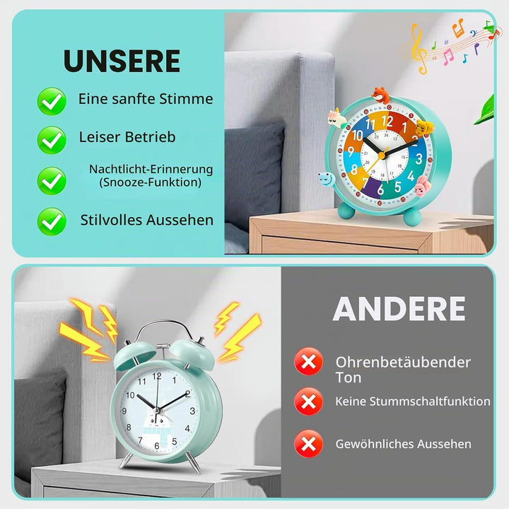 Wecker Kinder, Kinderwecker für Schulanfänge, Kein Tickendes Geräusch, Mit Nachtlicht und Schlummerf