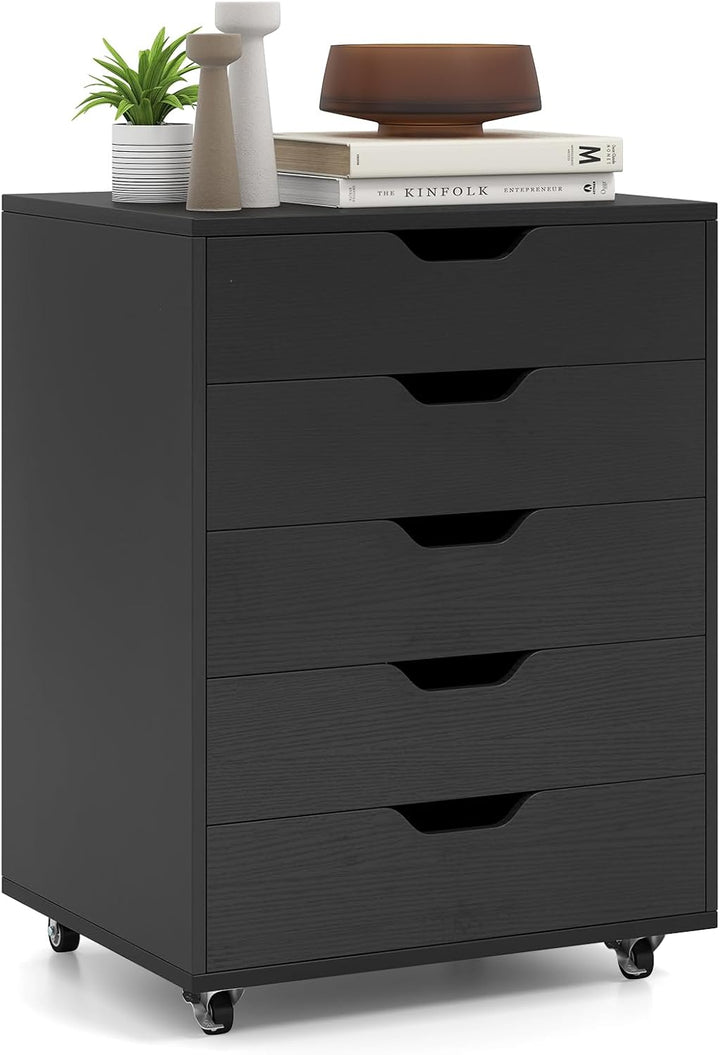 GOPLUS Schubladenschrank mit Rollen, Rollcontainer mit 5 Schubladen, Griffmulden, mobiler Bürocontai