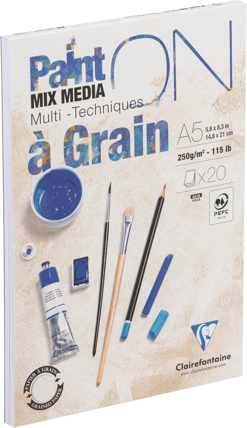 Clairefontaine 975048C - Packung mit 4 Blöcken Paint´ON à grain/gekörnt, DIN A5, kopfseitig geleimt,