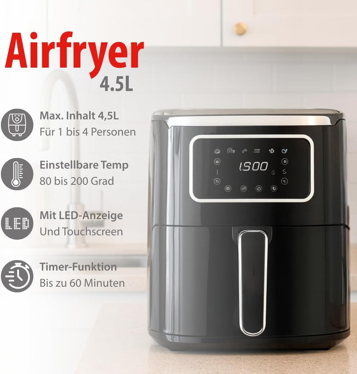alpina Heissluftfritteuse 4.5L - Airfryer für 3 bis 4 Personen - Air Fryer mit Digitalanzeige - Eins