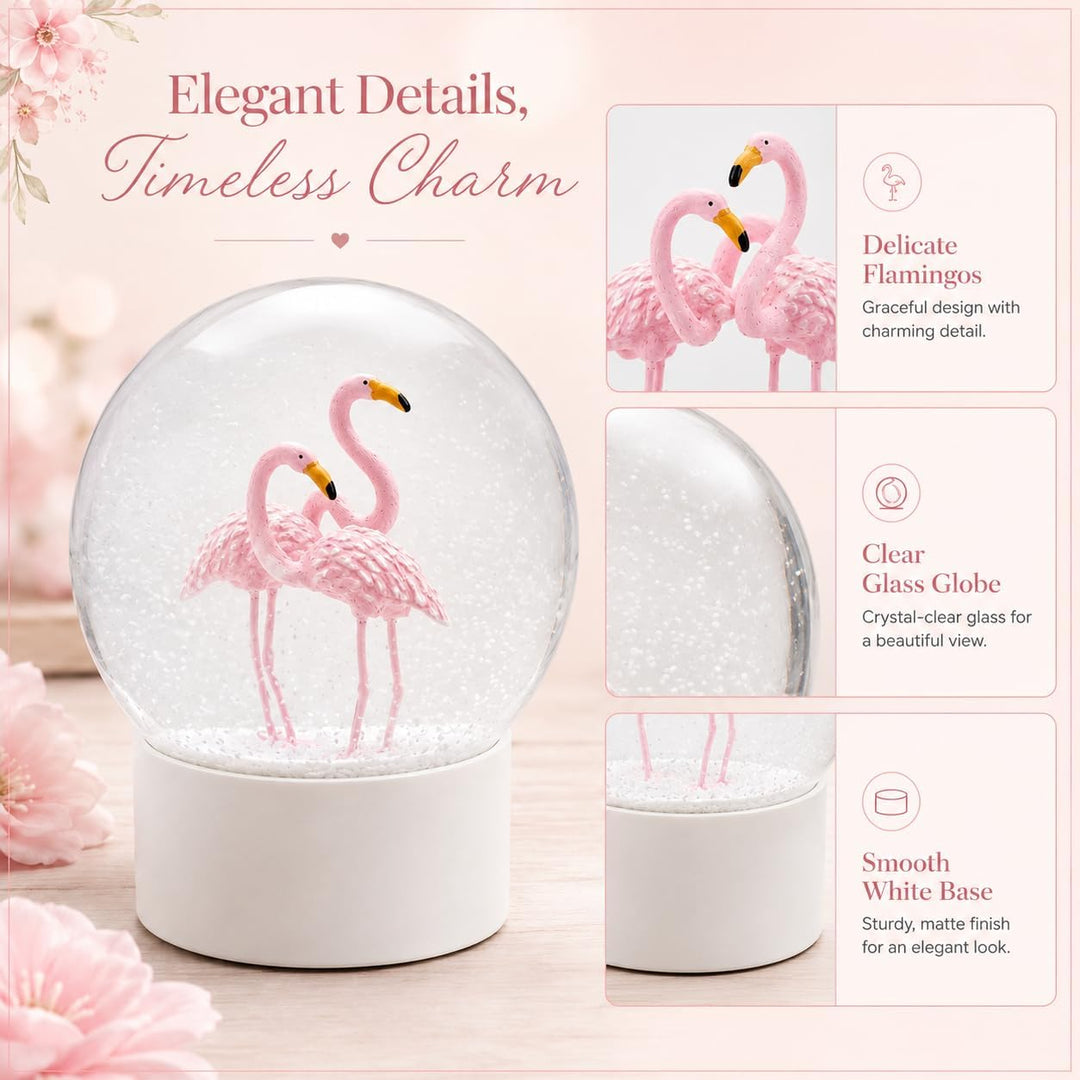 Mingfuxin Flamingo Schneekugel Kristallkugel mit weissem Sockel, weisse Flocken, Glas-Schneekugel Fl
