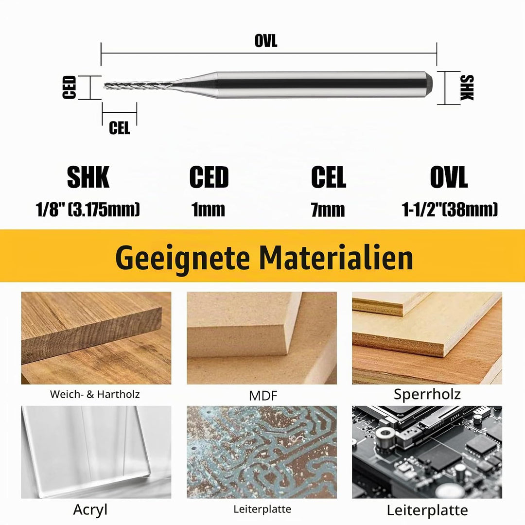 EU_HOZLY 3.175mm Hartmetall-Endfräser Gravierbits CNC-Leiterplatten-Maschinen 1.0mm Schneidkanten-Pa