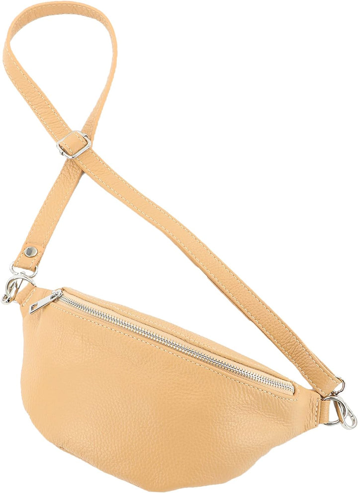 modamoda de - T211 - ital. Hüfttasche Bauchtasche Brusttasche Medium aus weichem Leder, Farbe:Beige,