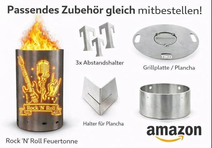 TiKo-Design Feuertonne/Feuerkorb mit Motiv – Lagerfeuertonne, Feuerkorb Rock n Roll – Verleihen Sie