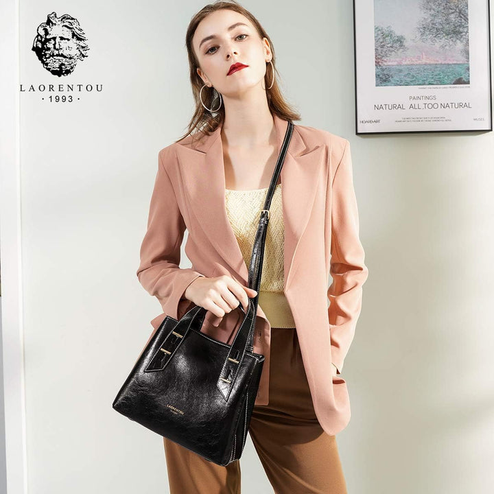 LAORENTOU Damen-Handtasche aus echtem Leder mit Tragegriff oben 01-1 Schwarz (Kleine Grösse), 01-1 S