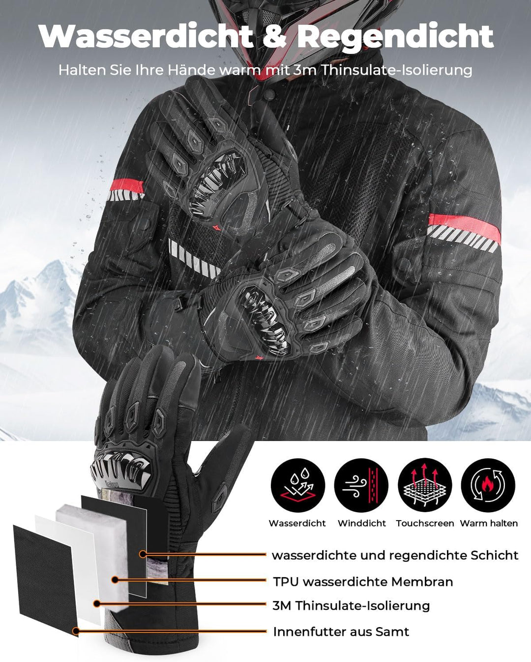 KEMIMOTO Winter Motorradhandschuhe, geprüfte Motorradhandschuhe,Motorrad Handschuhe Winter, Touchscr