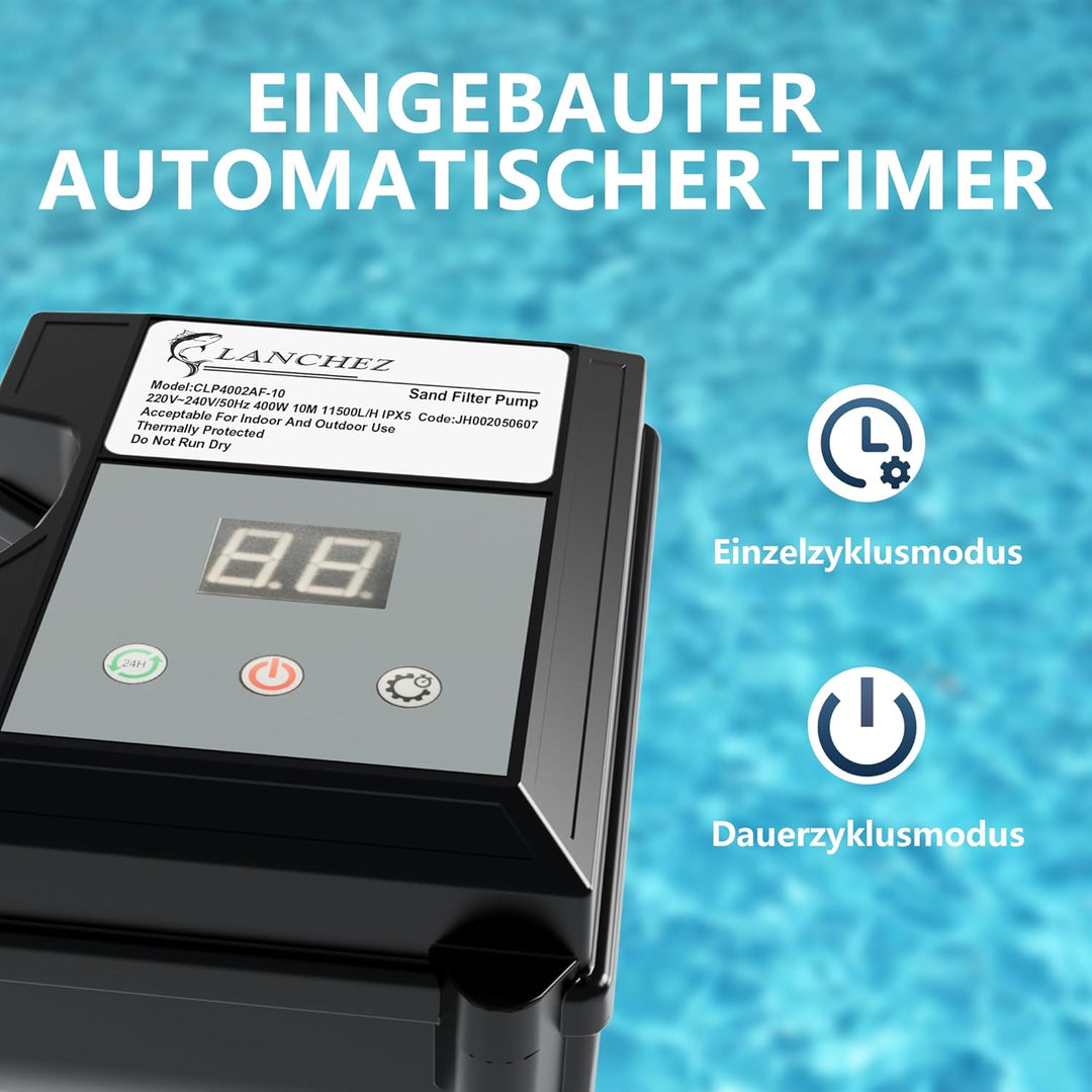 LANCHEZ Sandfilteranlage 11.500 L/h, 7-Wege-Ventil, 24h Zeitschaltuhr, 200g Filterbälle, Sandfilterk