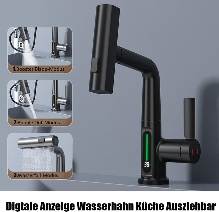 Wasserhahn Küche Schwarz, Küchenarmatur Ausziehbar,digtale Anzeige, Spültischarmatur mit Brause Drei