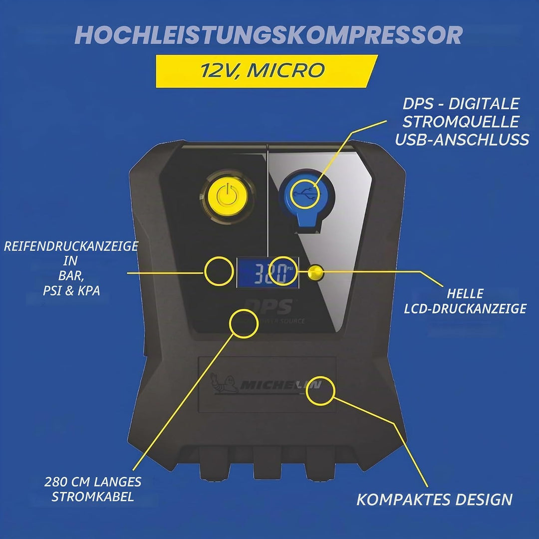MICHELIN 9518 62001 Micro 12V fürs Auto | Kompakt und Digital | Reifendruck Luft Kompressoren Perfek
