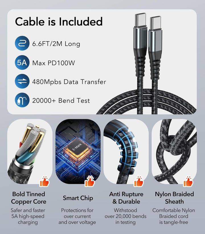 65W USB C Ladegerät, 3Port Schnellladegerät mit 2M Typ C Ladekabel geflochtenem USB C Netzteil für T
