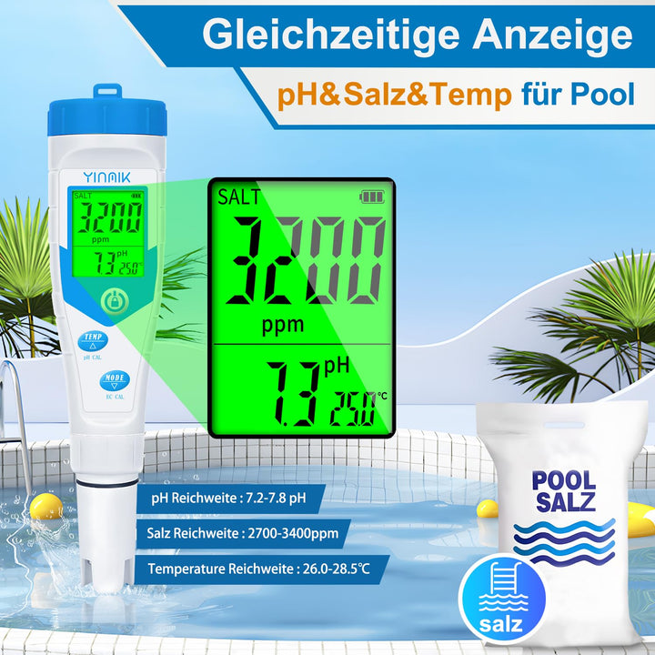 pH Messgerät Wasser, Gleichzeitige Anzeige pH Messgerät und Pool Salzgehalt Messen, Neuer Verbessert
