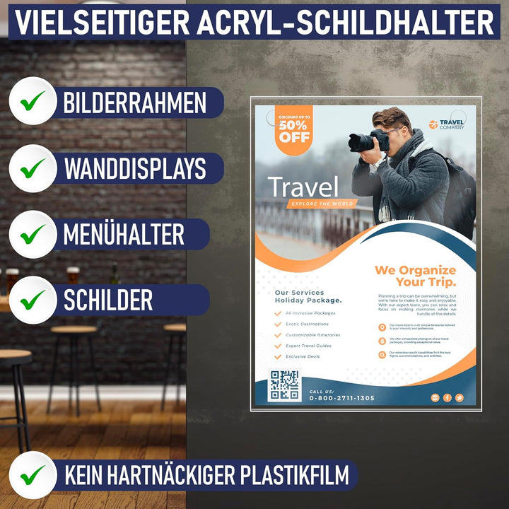 Acryl Schildhalter A4, 6 Stück, Transparenter Rahmen Papierhalter mit mehreren Befestigungsoptionen