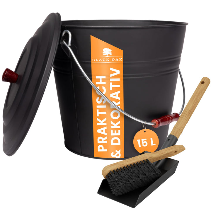 BLACK OAK Ascheeimer Katla 15L – Set Schaufel & Besen schwarz rund mit Deckel gross 15 Liter Stahl f