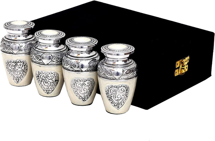 HLC Urns Urnen-Urnen-Set mit 4 Herzen, 4 Stück, für die menschliche Asche, mit Samtbox und 4 Samtbeu