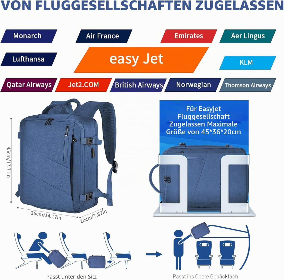 Leyrica Handgepäck Reiserucksack 45x36x20 für Easyjet, Rucksack Travel Backpack Wasserdichter Tagesr