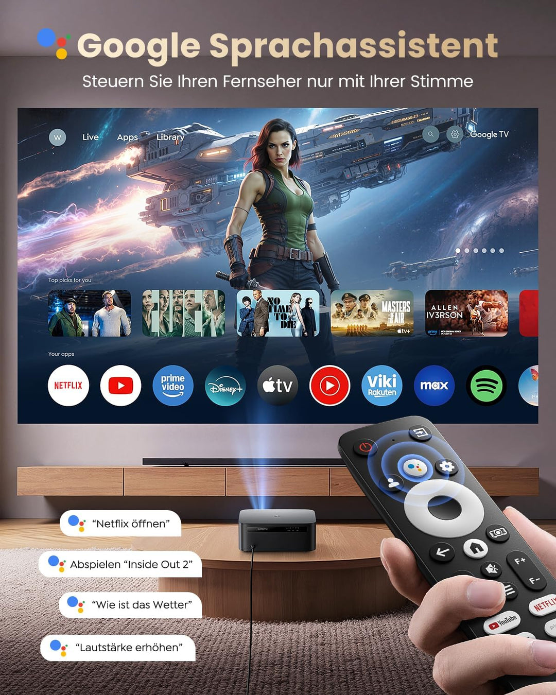 Beamer 4K [1300 ANSI|Google TV] FHD 1080P Beamer 4K Unterstützt, Autofokus Auto Trapezkorrektur 20W