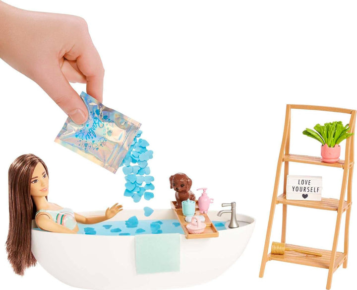 Barbie Self-Care Serie, Konfetti-Bad, Barbie-Puppe mit braunen Haaren, Badeanzug, Welpe, Badewanne,