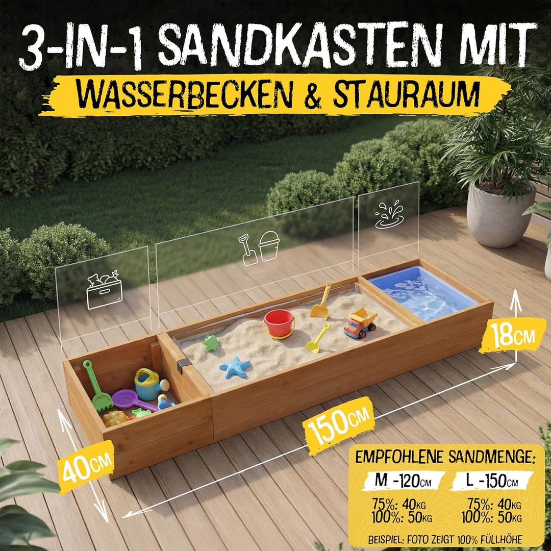 FRIEDO Sandkasten mit Abdeckung 150x40x18cm aus lasiertem Holz und Deckel I Sandkasten mit Matschküc