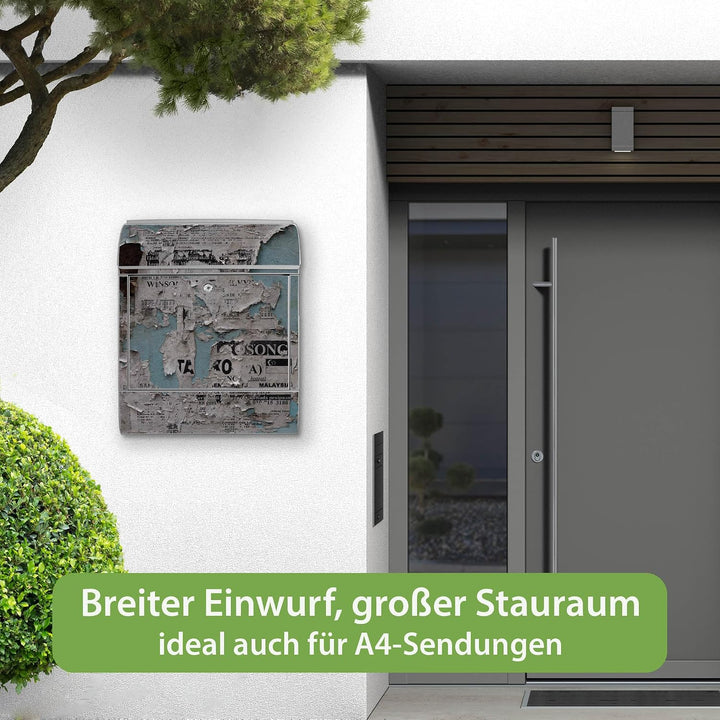 banjado® Design Briefkasten mit Motiv Wand mit Zeitungen 39x47x14cm &amp; 2 Schlüssel - Briefkasten Stah