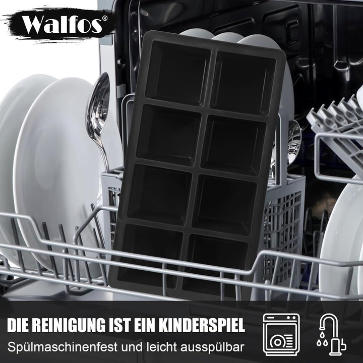 Walfos grosse Eiswürfelform silikon, 2 Pack 8-fach Silikon Eiswürfelbehälter mit Deckel,BPA-frei und
