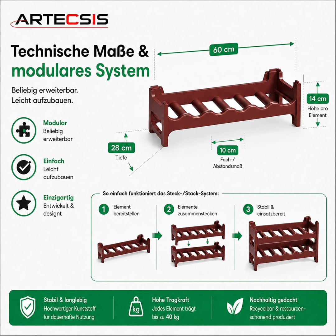 ARTECSIS® Weinregal stapelbar &amp; modular erweiterbar Kunststoff für 48 Weinflaschen (braun) - Stabile