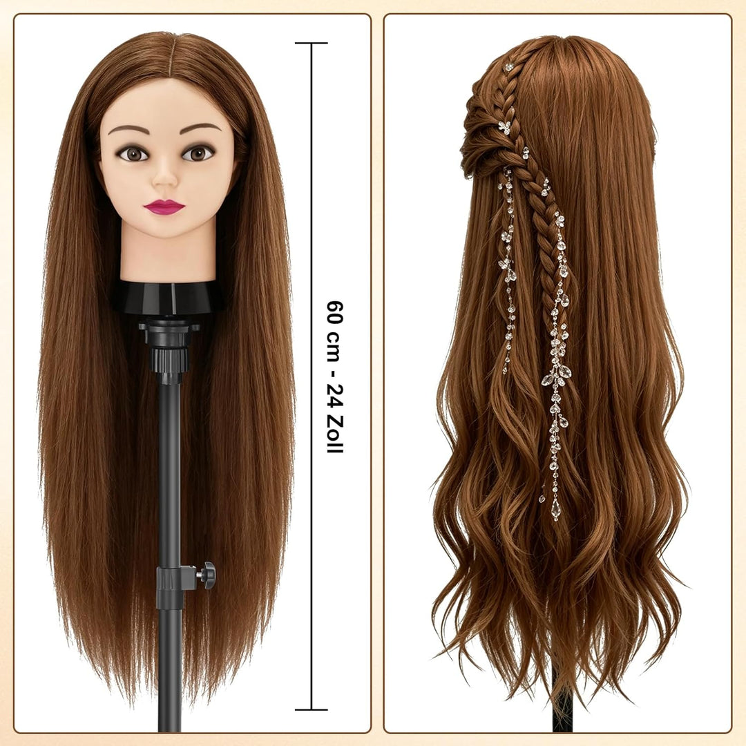 TwoWin Frisierkopf 80% Echthaar, Übungskopf 24 Zoll /60cm Friseurkopf, Trainingskopf für Friseure fü