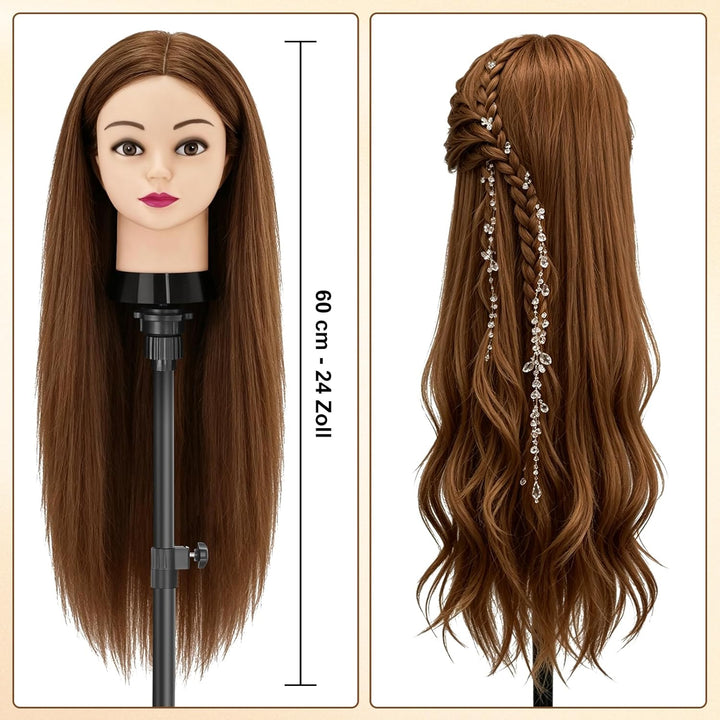 TwoWin Frisierkopf 80% Echthaar, Übungskopf 24 Zoll /60cm Friseurkopf, Trainingskopf für Friseure fü