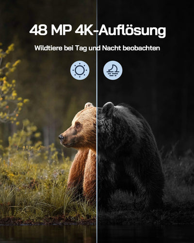 WOLFANG Solar Wildkamera 4K 48MP, Jagdkamera mit hervorragender Nachtsicht, Duale Stromversorgung, 0