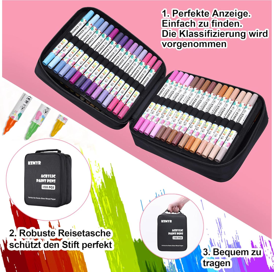 KEMYR 120 Farben Acrylstifte Set mit Doppelspitze, Acrylmarker Wasserfeste für Steine, Holz, Glas &