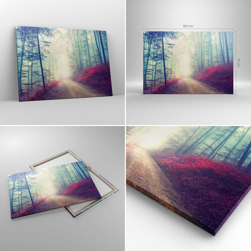 Bilder auf Leinwand 100x70cm Leinwandbild mit Rahmen Wald Baum Natur Gross Wanddeko Bild Schlafzimme