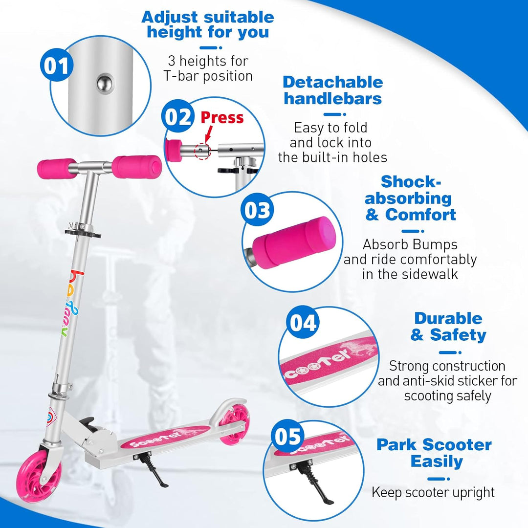 BELEEV Roller Kinder 2 Räder, Klappbar Kinderroller für Mädchen Jungen, Tretroller mit LED Leuchtend