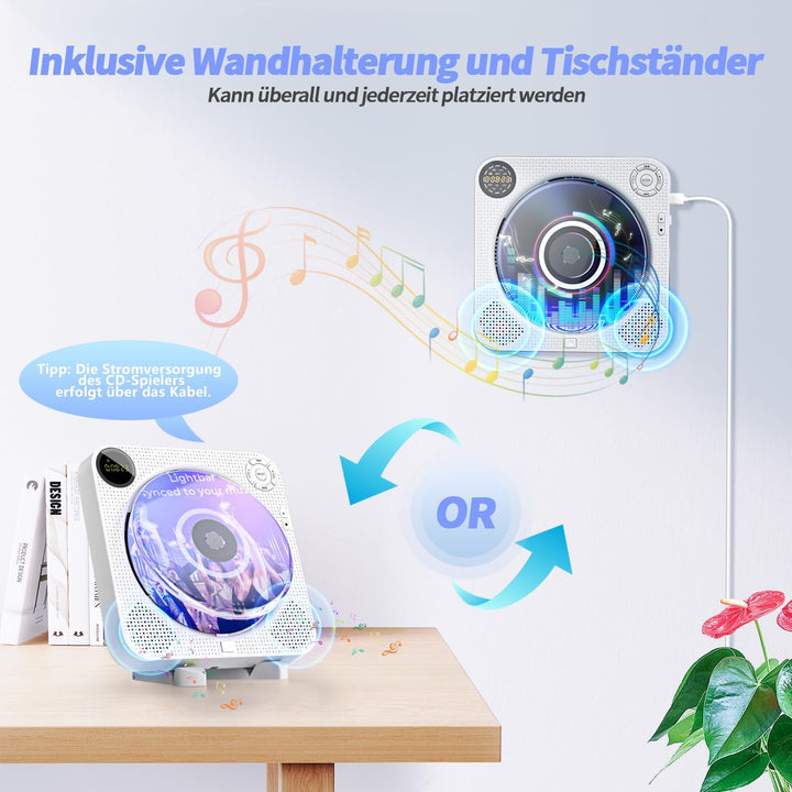 DESOBRY Tragbarer CD Player mit Bluetooth, Kleiner CD-Player für die Wandmontage mit Lautsprechern,