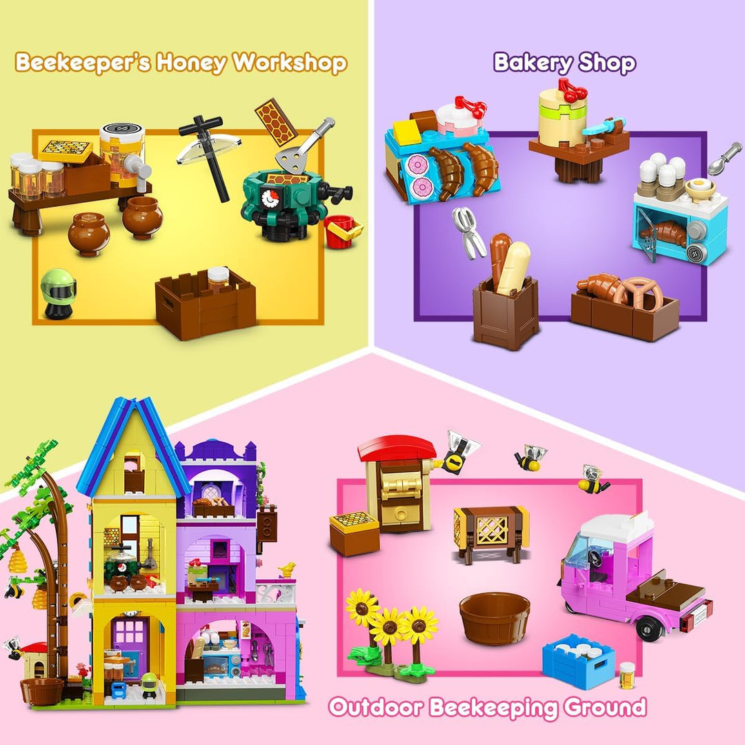 HOGOKIDS Friends Mädchen Backset Bauspielzeug mit LED-Licht - 1084PCS Bienenhaus & Bäckerei Haus, Ro