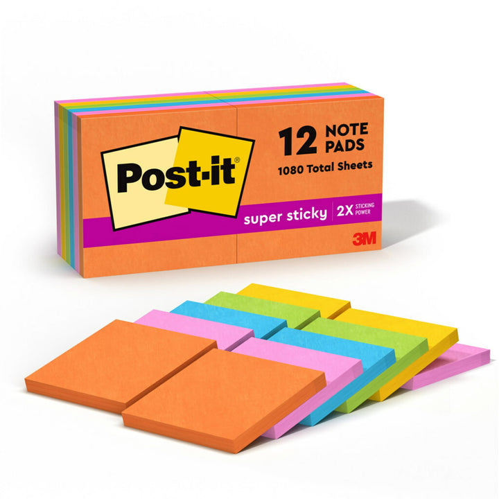 Post-it Super Haftnotizen, 7,6 x 7,6 cm, 12 Blöcke, 2 x Haftkraft, verschiedene helle Farben, recyce