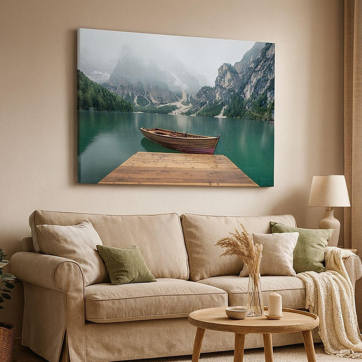 Bilder auf Leinwand 100x70cm Leinwandbild mit Rahmen Berge See Boot Gross Wanddeko Bild Schlafzimmer