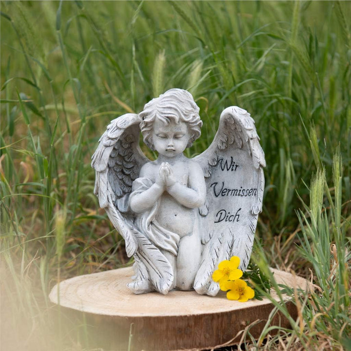 Kamelio Engel mit Spruch auf dem Flügel Trauerengel Grabschmuck Engelsfigur Gabriel