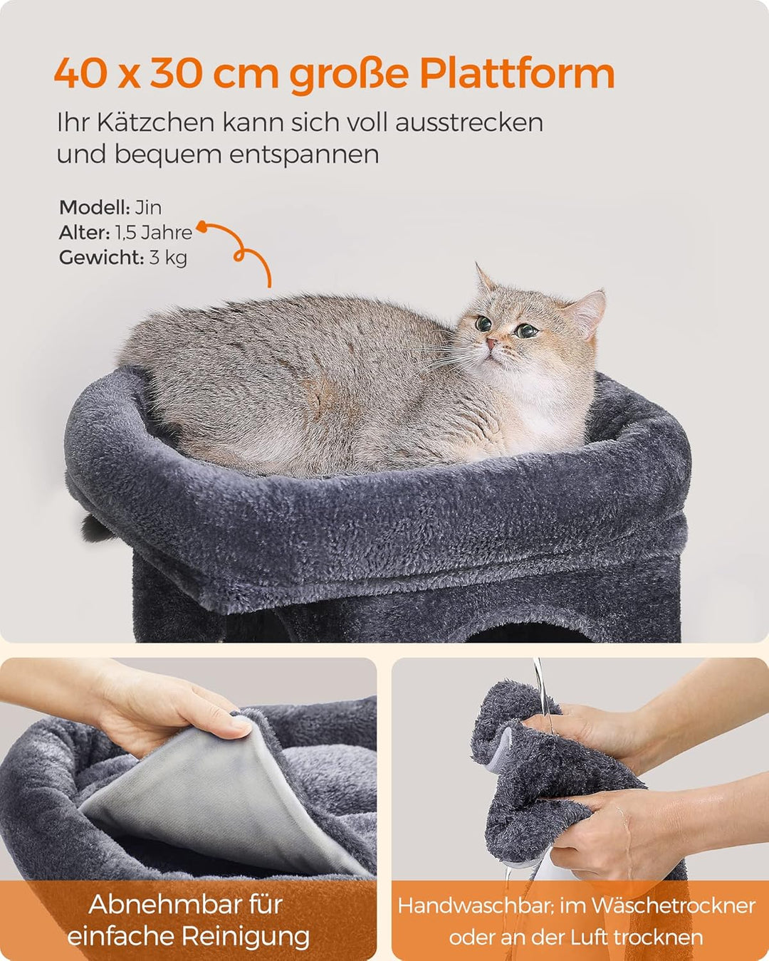 Feandrea Kratzbaum klein, 67 cm Katzenbaum, Katzenhaus für Kätzchen bis zu 3 kg, grosse Plattform, S
