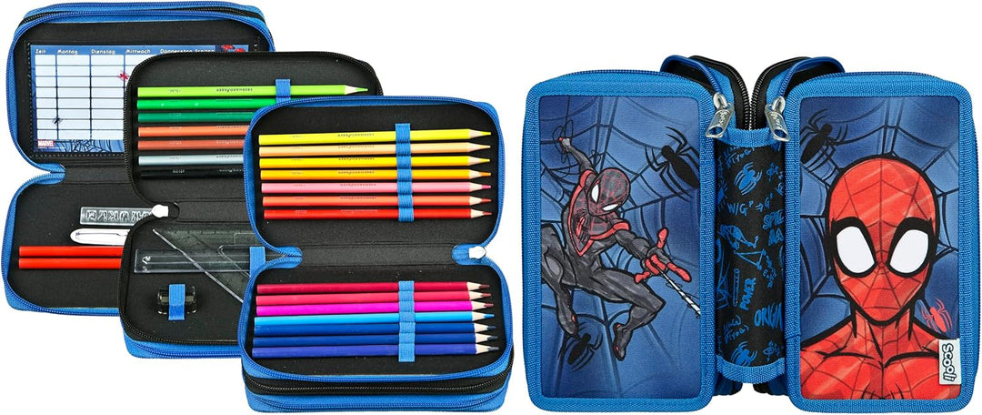 Scooli - Tripledecker Spider Man - Gefülltes Schüleretui mit hochwertigen Stiften & Zubehör - Ideal