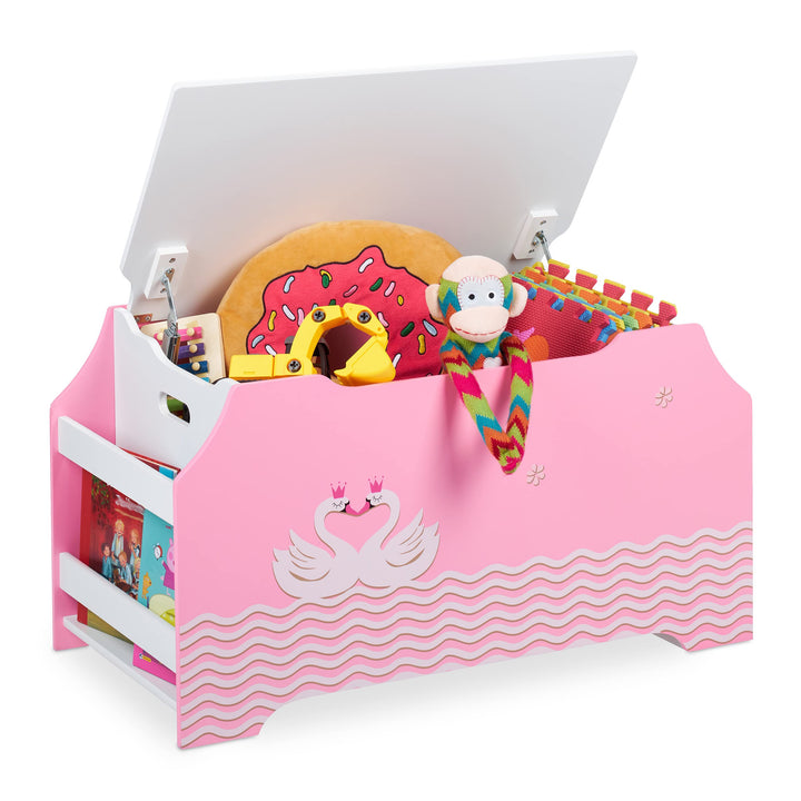 Relaxdays Spielzeugtruhe, Schwanenherz, Spielzeugkiste, Deckel, Bücherfächer, HBT 46x84x42,5 cm, Spi