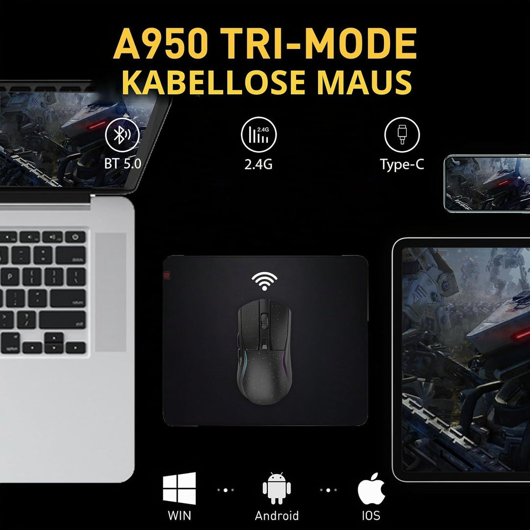 DAREU A950 Gaming Mouse mit RGB Magnetic Ladestation, 88 g Leichte, Programmierbare Tri-Mode Gamer M