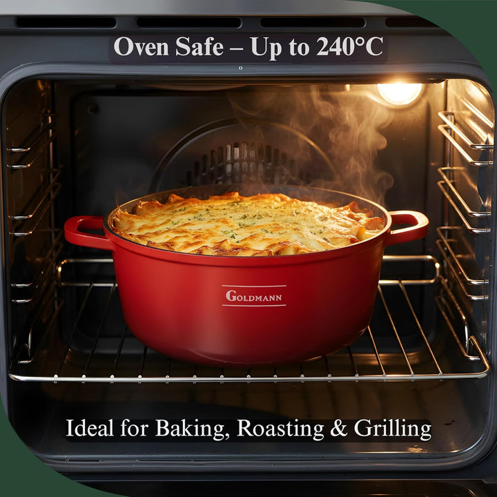 GOLDMANN Premium Gussaluminium Kochtopf 24 CM – 4.5 L – Modern Rot – Keramik-Marmor-Antihaft-Kassero