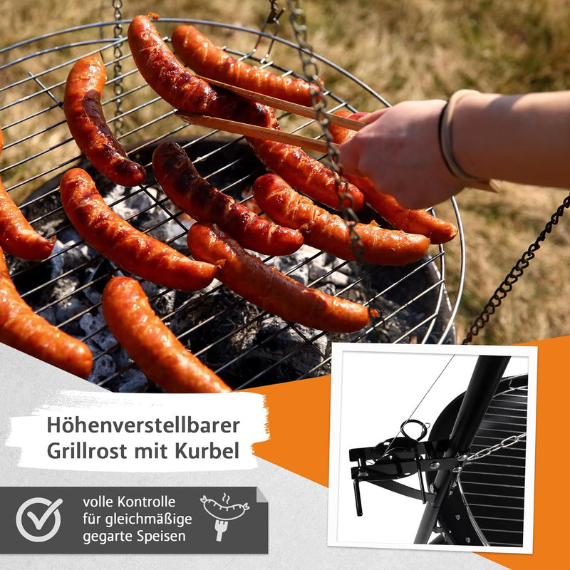 NATIV Lemodo Feuerschale mit Grillrost - Dreibein-Schwenkgrill - Dreifuss-Grill mit Kurbel zur Höhen