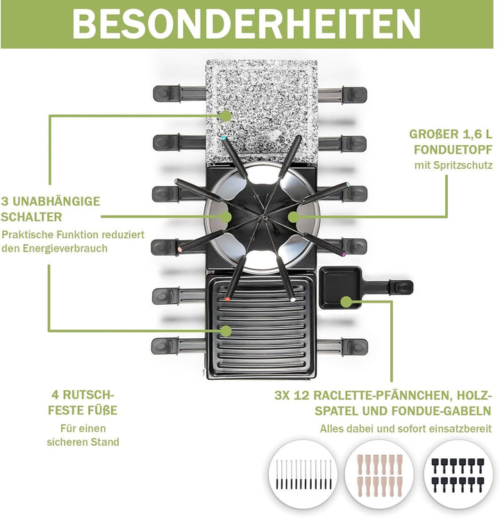 LUTEO® Raclette mit Fondue 12 Personen - Tischgrill elektrisch - Elektrogrill Steinplatte Grillplatt