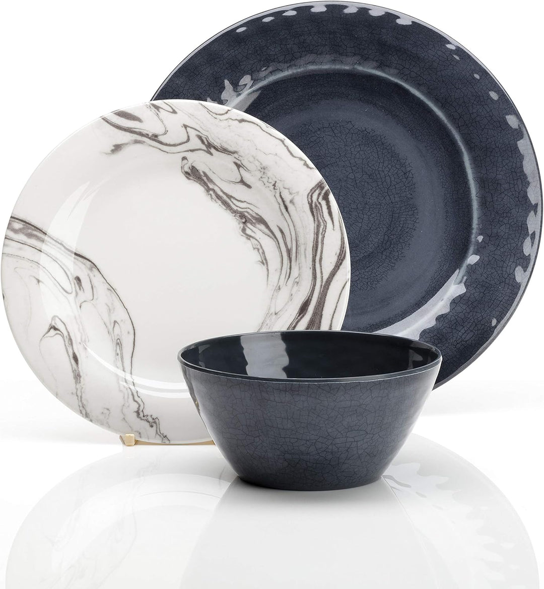 Flamefield Marble Melamin Geschirr-Set 12-TLG. Campinggeschirr Geschirr Essen Essgeschirr 4 Personen