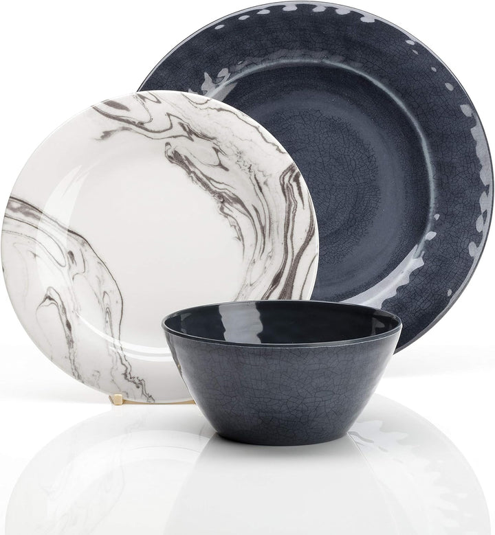 Flamefield Marble Melamin Geschirr-Set 12-TLG. Campinggeschirr Geschirr Essen Essgeschirr 4 Personen